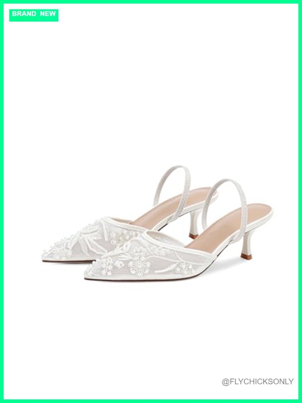 Embroidered Mesh Kitten Heel Slingback Sandals Pointed Toe Pearl Wedding Shoes